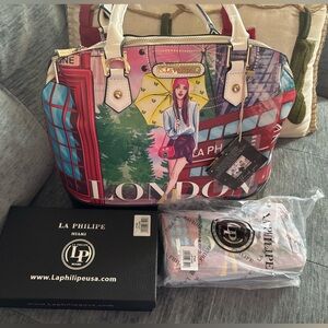 La Philipe “Umbrella in London” satchel with matching wallet NWT